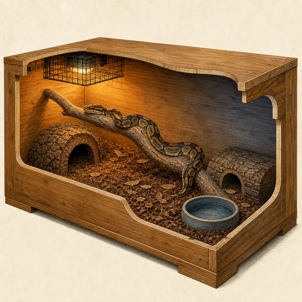 Cutaway illustration of a wooden python enclosure with a guarded ceramic heat emitter at the warm end, two hides, a water bowl and a climbing branch