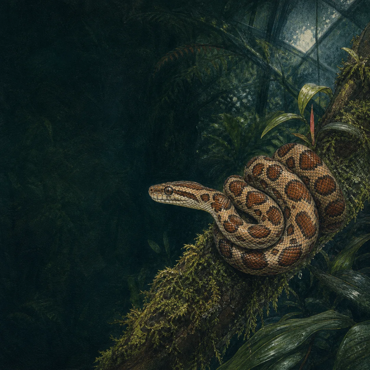 Illustration of a Stimson's python coiled on a mossy branch in a night-time Melbourne conservatory