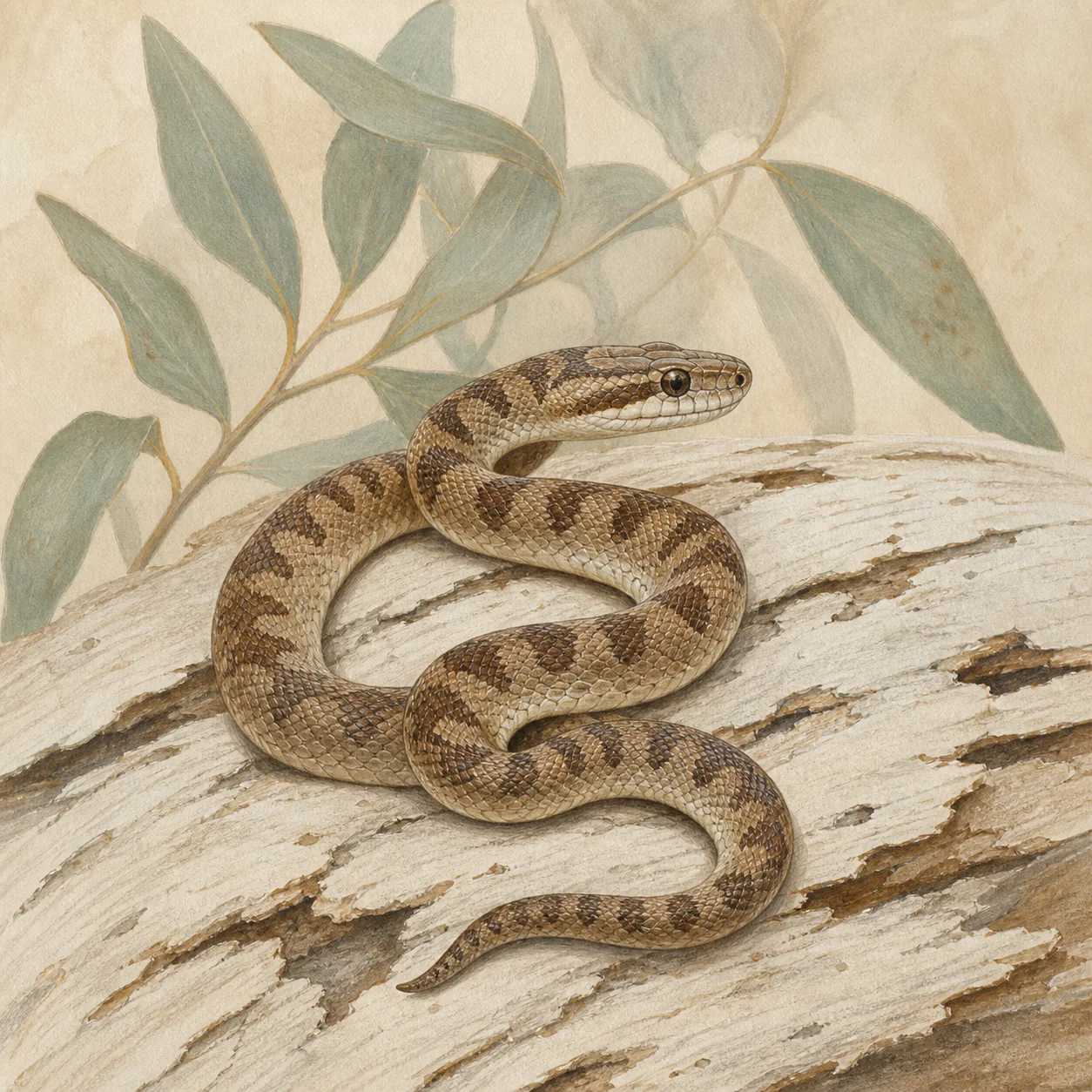 Children's python resting on pale bark