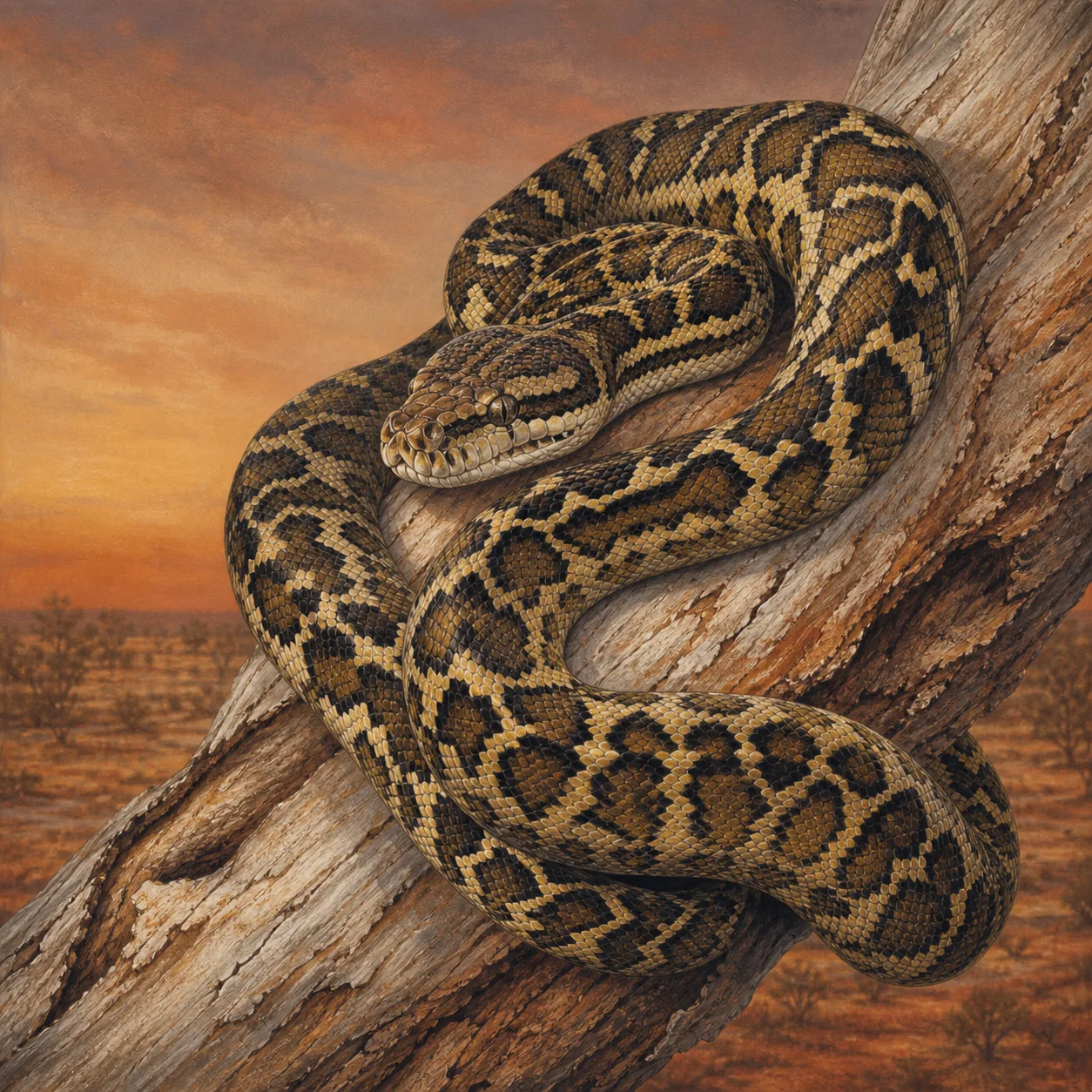Murray Darling carpet python draped over a river red gum branch
