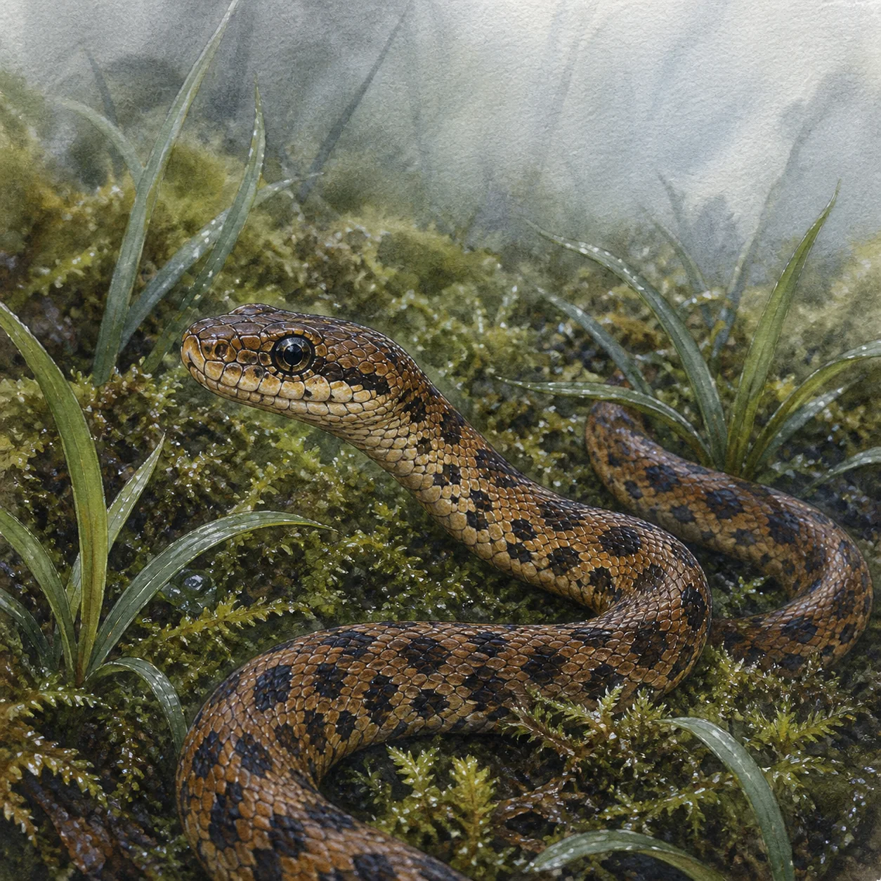 Spotted python among moss and narrow leaves