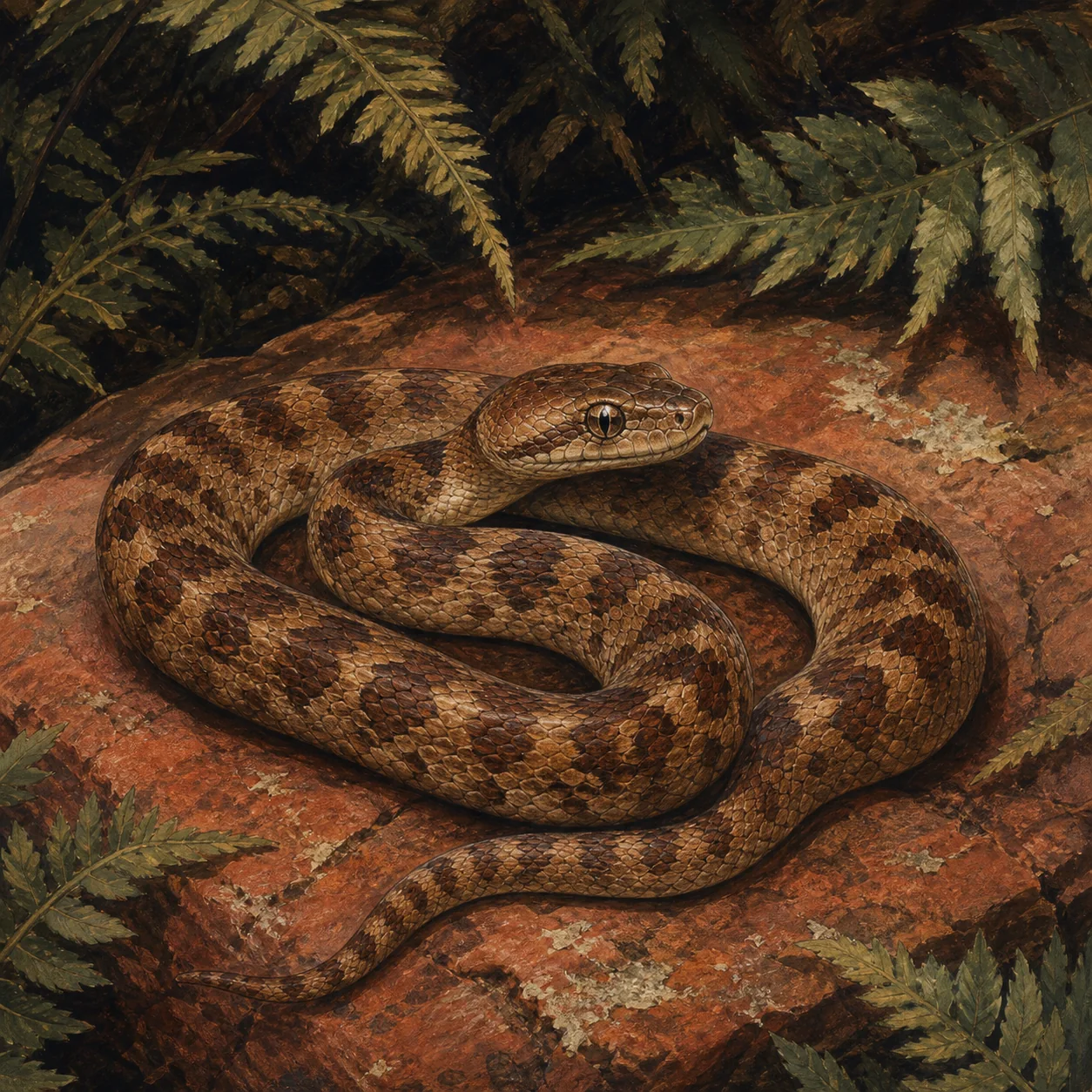 Stimson's python coiled on red stone